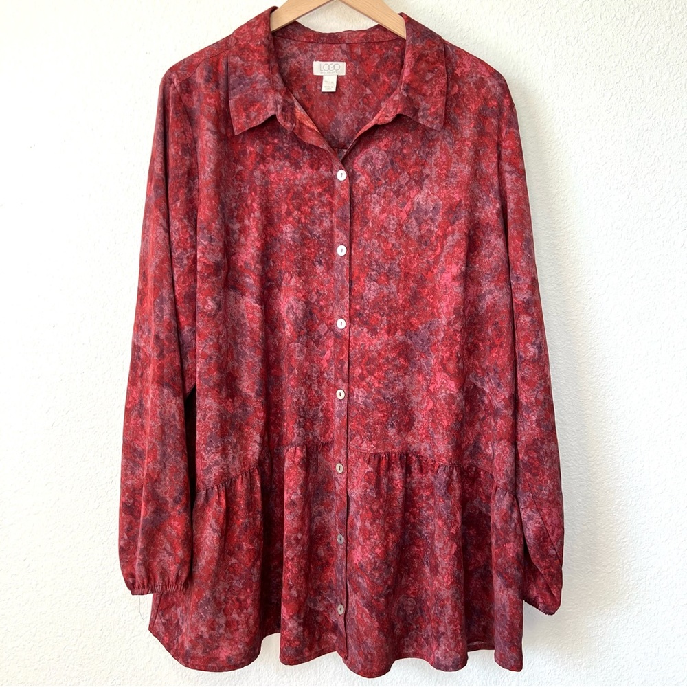 LOGO Lori Goldstein Button Down Log Sleeve Flowy Peplum Top